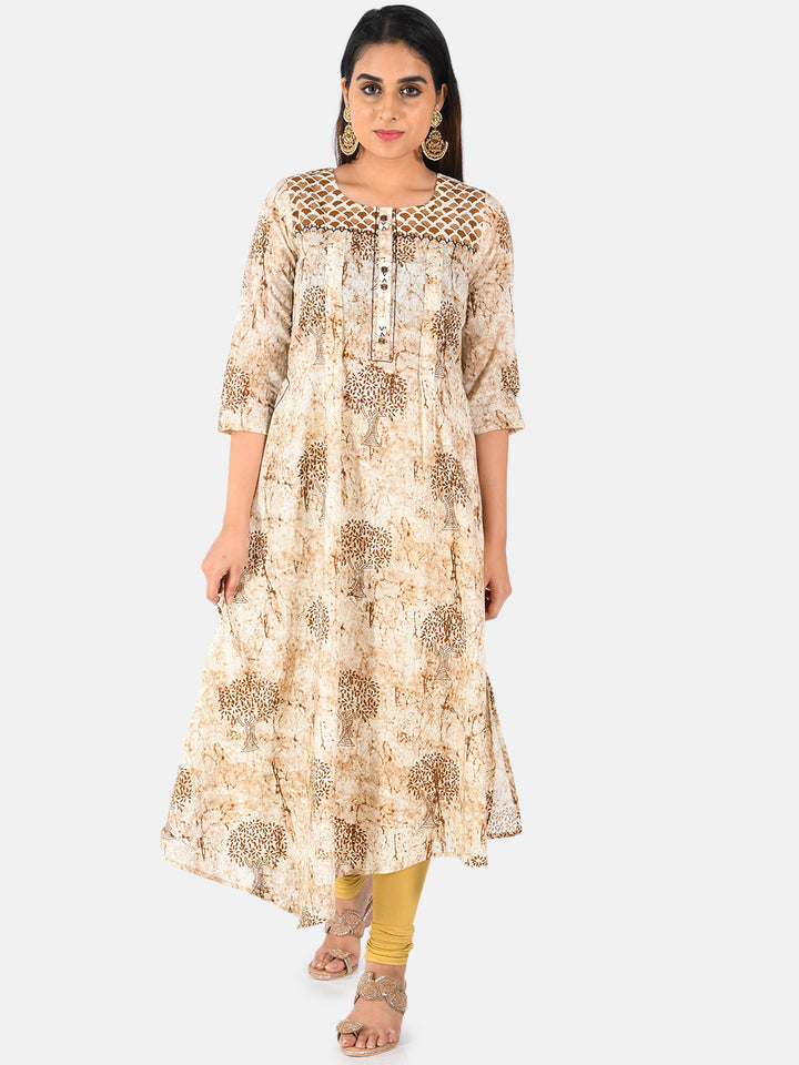 Neerus Beige printed A-line kurta - front view