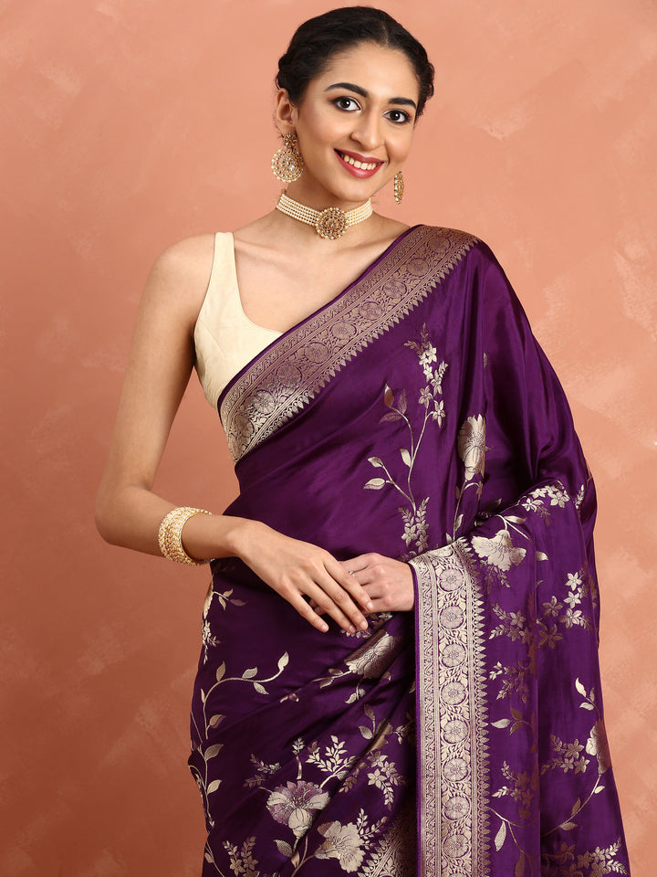 Wine banaras silk saree with gold motifs