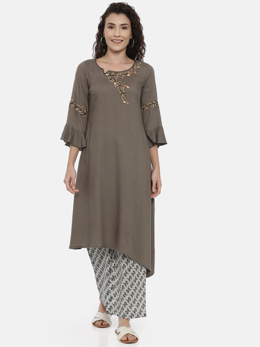Neerus Green thread embroidered floral kurta - front view