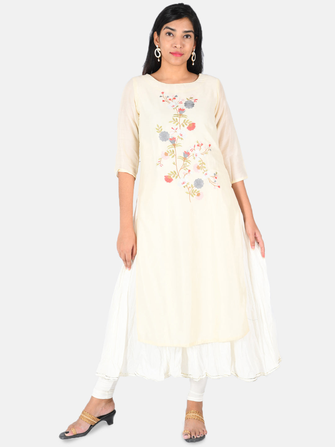 Neerus Beige embroidered kurta set with sharara - front view