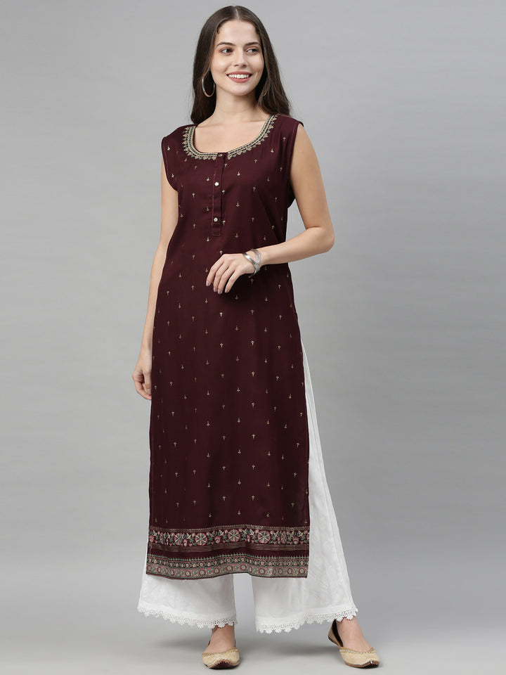 Neerus Brown ethnic printed straight kurta - front view