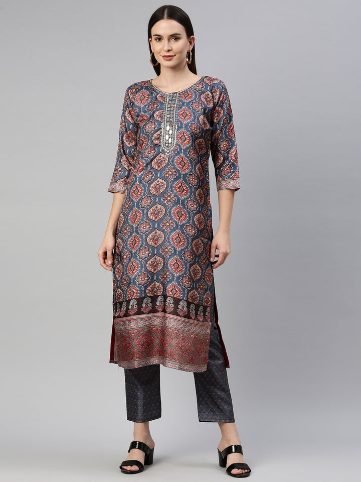 Neerus Women Blue Ethnic Motifs Printed Dupion Silk Kurta with Trousers