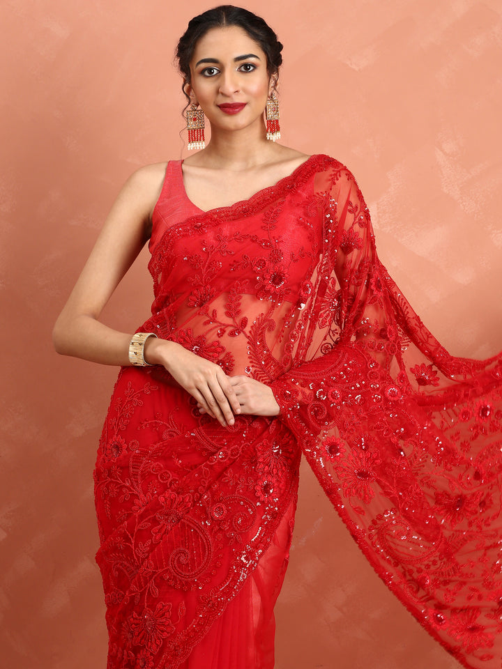 Red net saree with pearl and sequins hand embroidery with scallop border