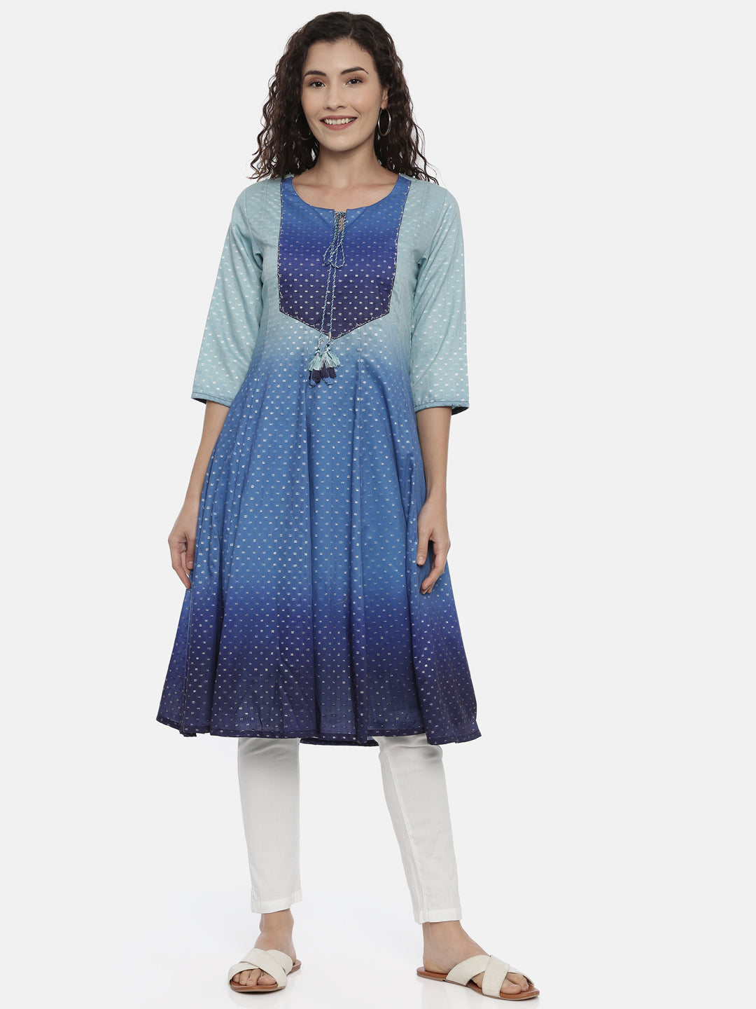 Neerus Blue Colourblocked Anarkali Kurta