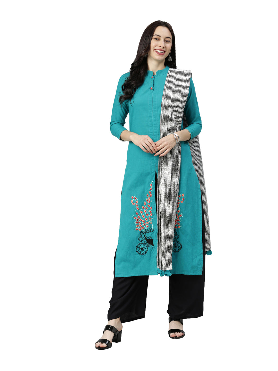 Neerus Women Sea Green  Black Solid Straight Kurta