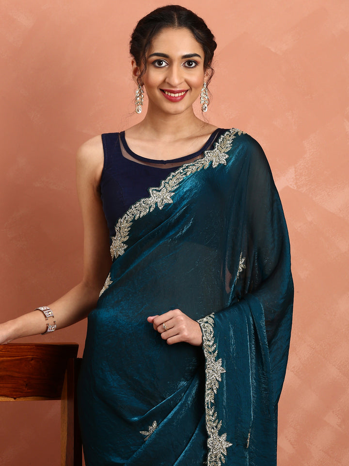 Peacock Jimmy Saree With Pearls Cut Dana And Swarovski Hand Embroidery