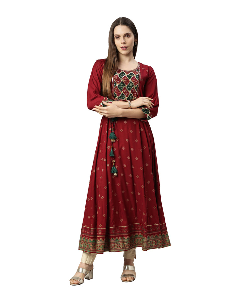 Neerus Maroon embroidered anarkali kurta with flared sleeves - front view