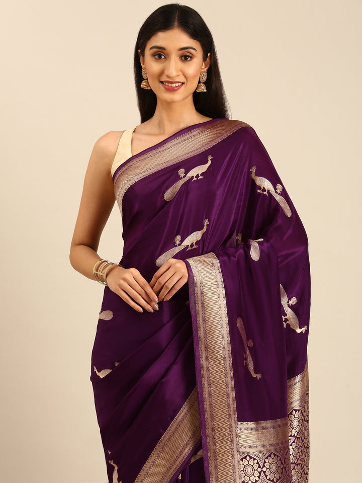 Wine Banaras Weave Saree With Peacock Motifs And Rich Zari Border