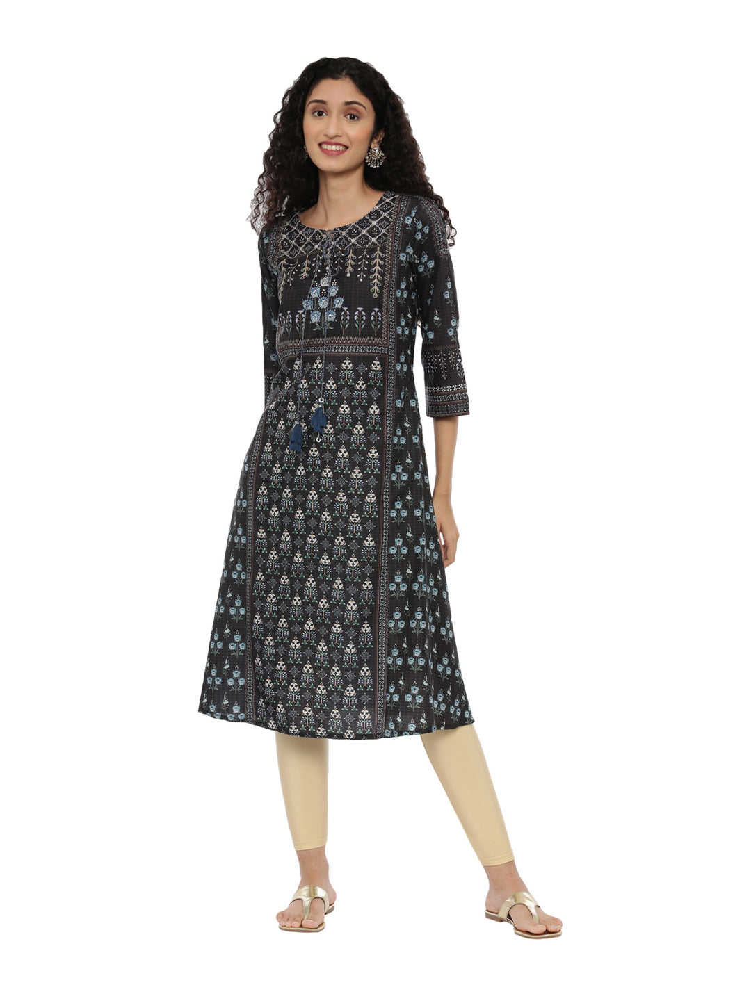 Neerus Black printed A-line kurti - front view