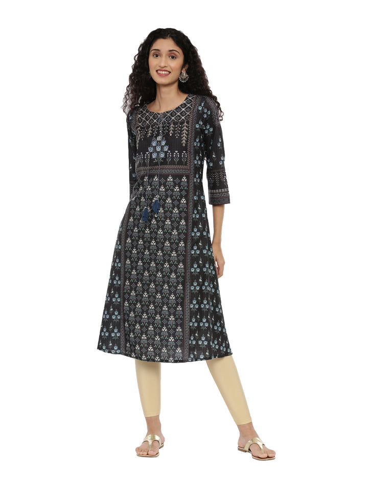 Neerus Black printed A-line kurti - front view