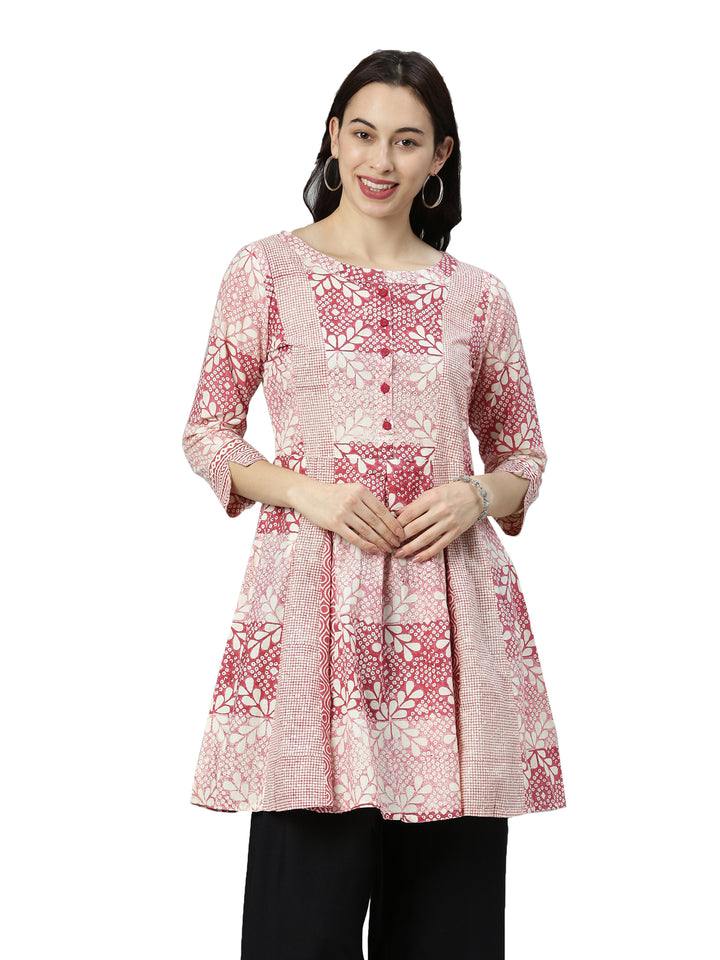 Neerus Red printed Anarkali kurta ethnic motifs - front view