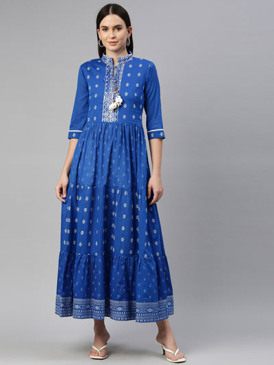 Neerus Women Blue Ethnic Motifs Embroidered Thread Work Cotton Anarkali Kurta
