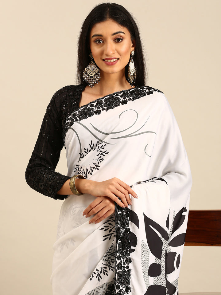 Black & White Satin Printed Saree With Hand Embroidery & Readymade blouse
