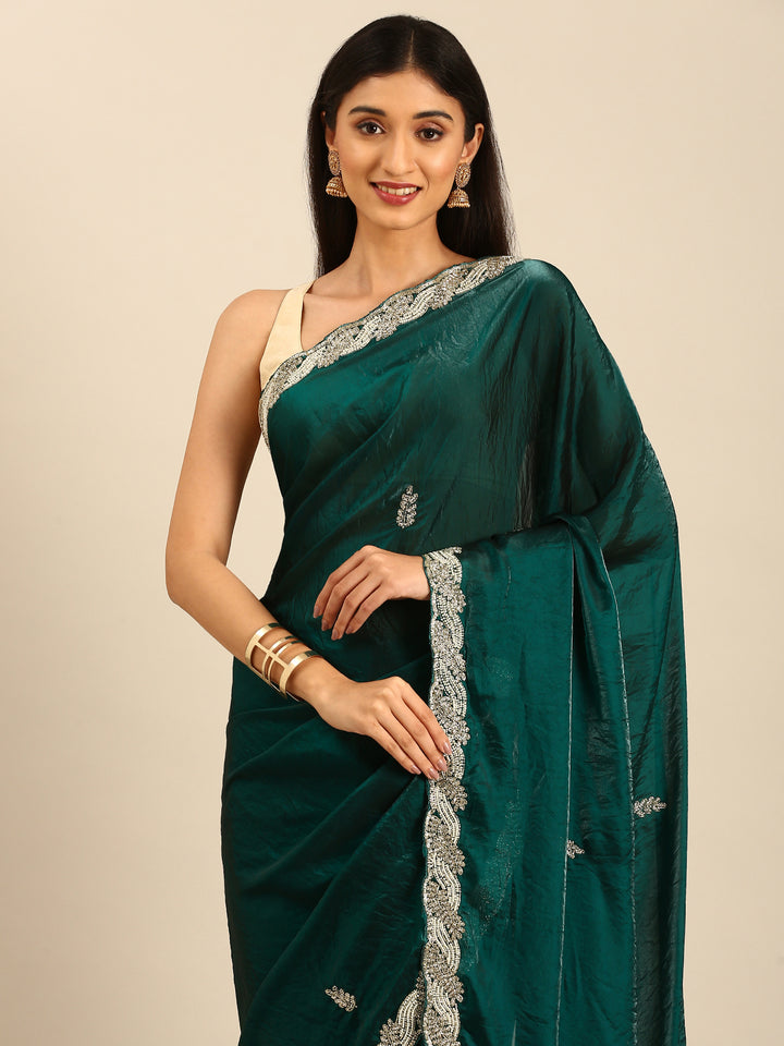Green shimmer tissue saree with cut Dana & Swarovski embroidery