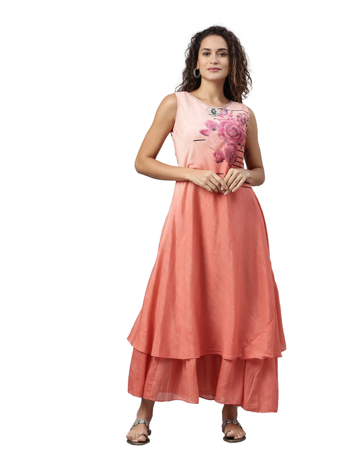 Neerus Orange floral printed layered kurti - front view