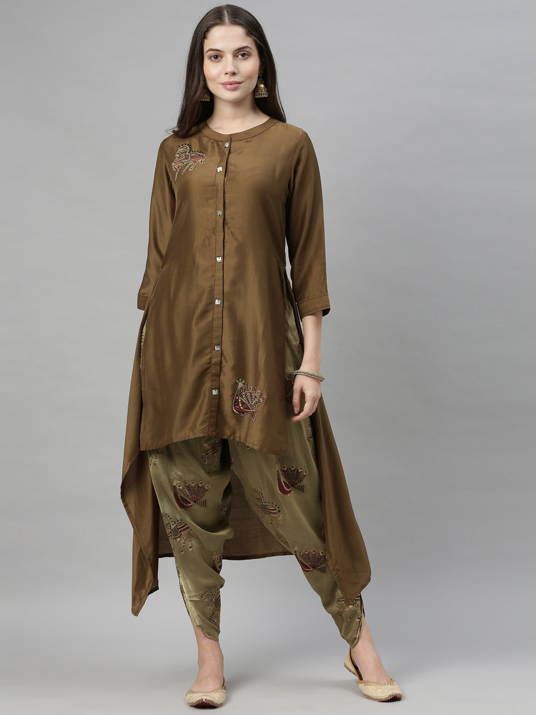 Neerus Women Olive Green Embroidered Kurta with Dhoti Pants