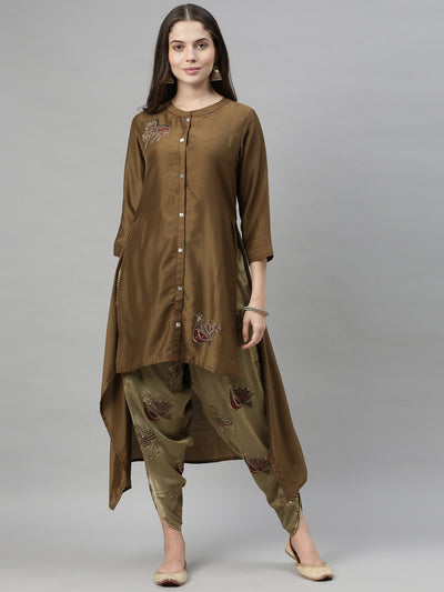 Neerus Women Olive Green Embroidered Kurta with Dhoti Pants