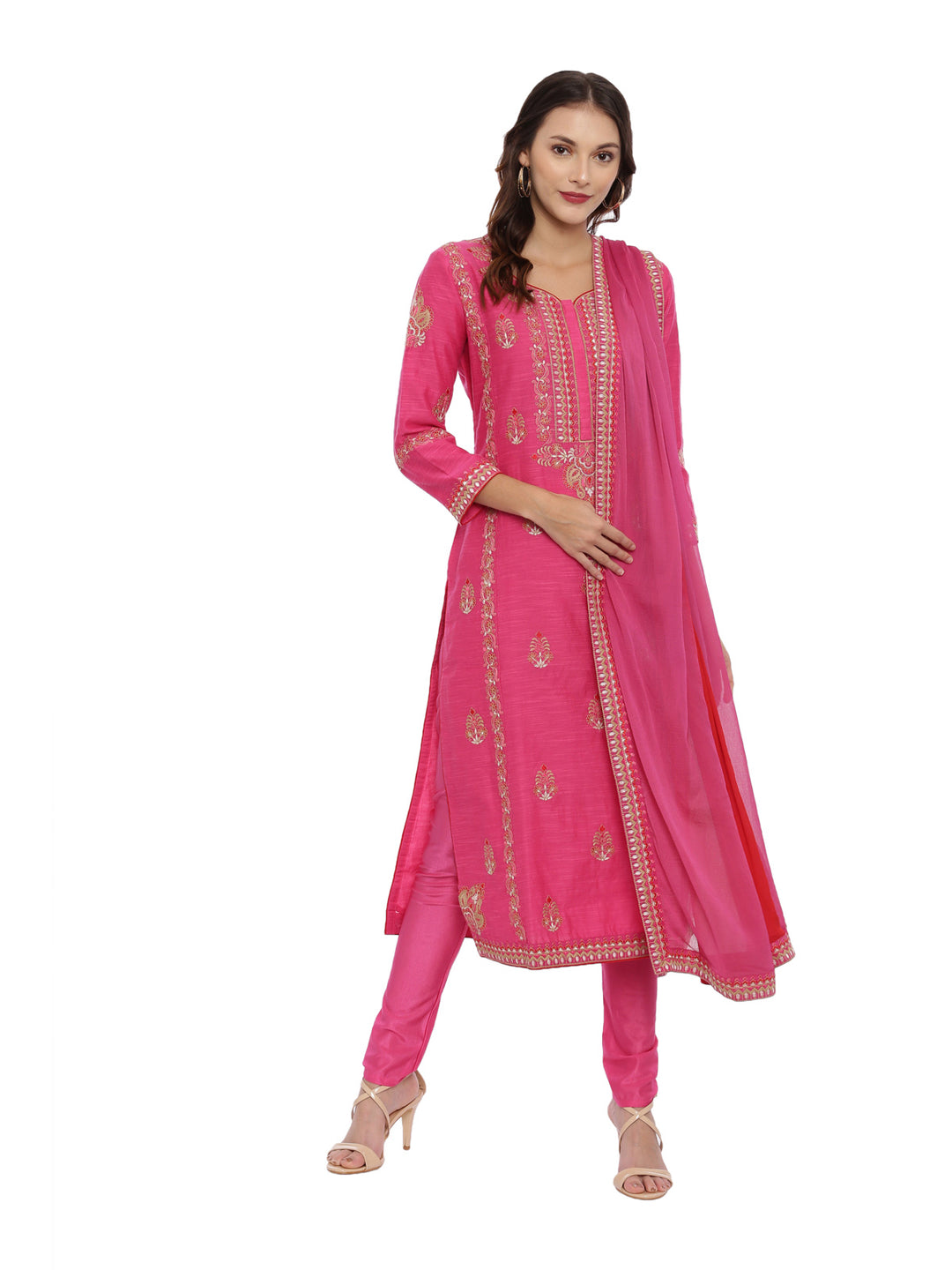 Neerus Pink embroidered suit set with churidar and dupatta - front view