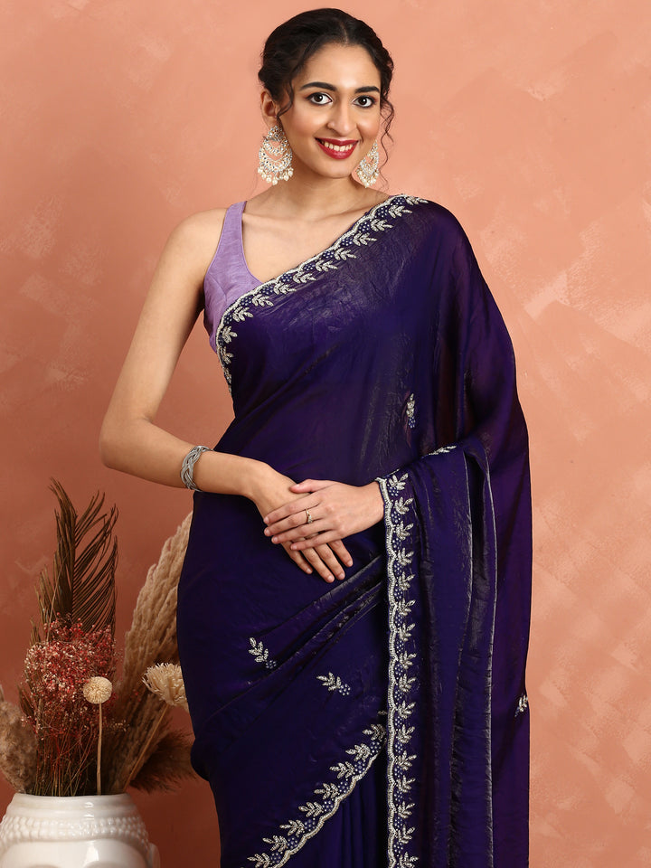 Purple Jimmy tissue saree with hand embroidery