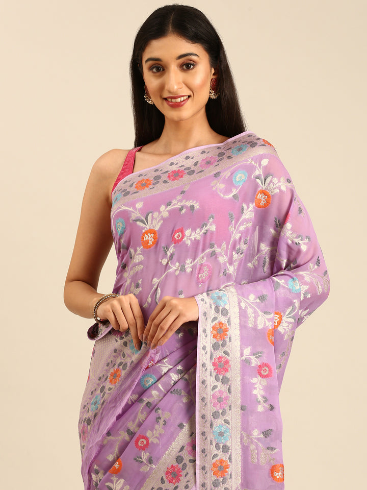 Purple Banarasi Silk Saree With Meenakari Border & Motifs
