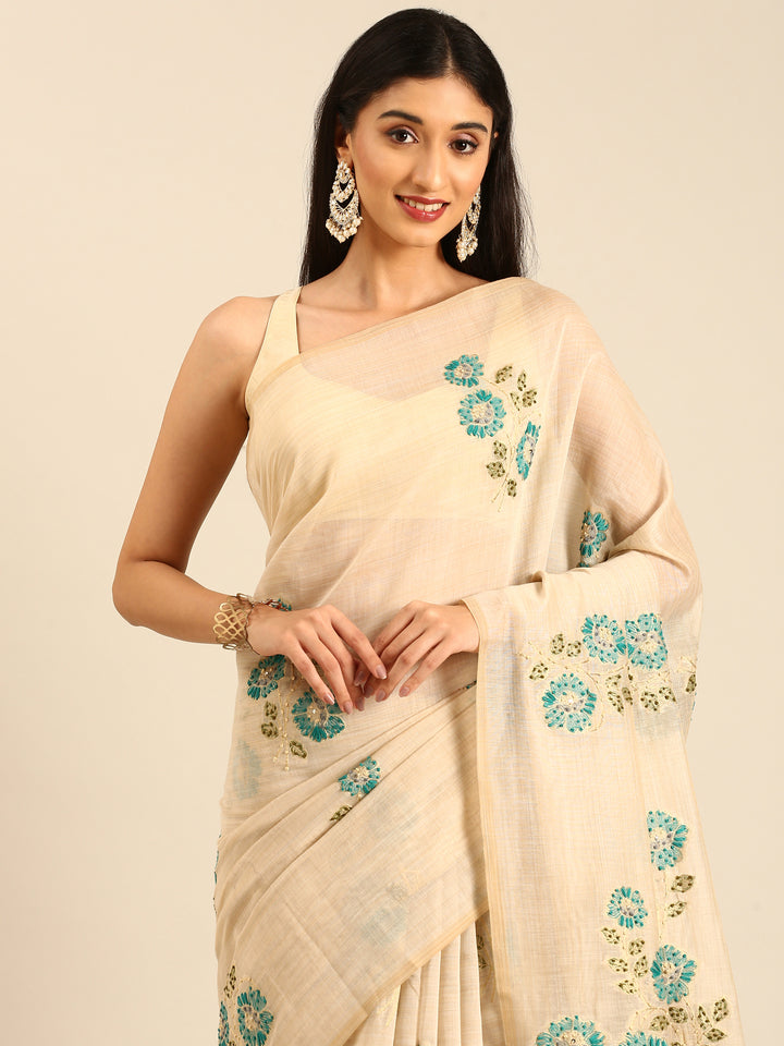 Cream Chanderi Silk Saree With Sequins And French Knot Embroidery