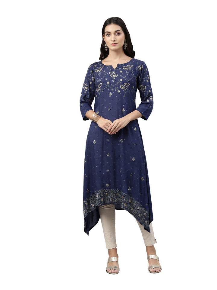 Neerus Blue printed ethnic motifs kurta - front view