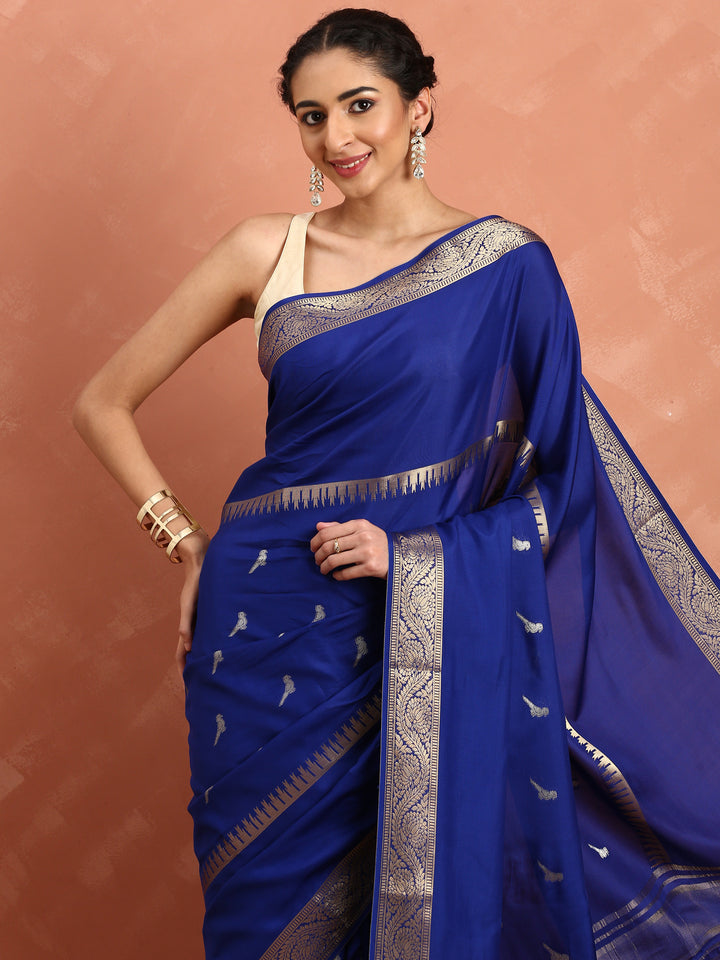 Royal blue mysore silk saree with pichvai motifs