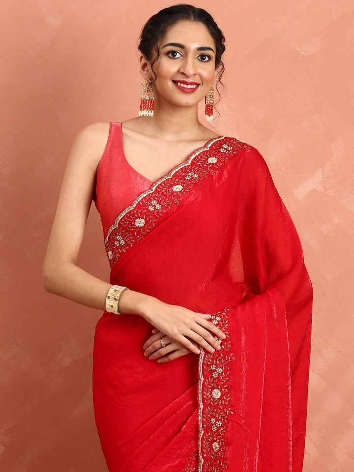 Red jimmy saree with stones and Swarovski hand embroidery