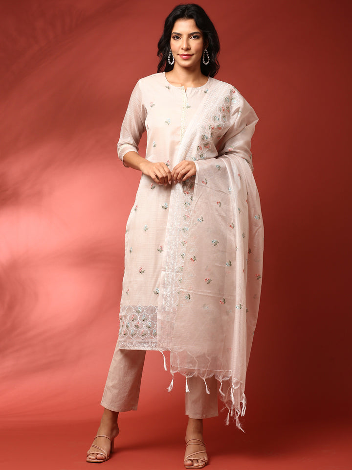 Beige chanderi thread work embroidery three piece suit set