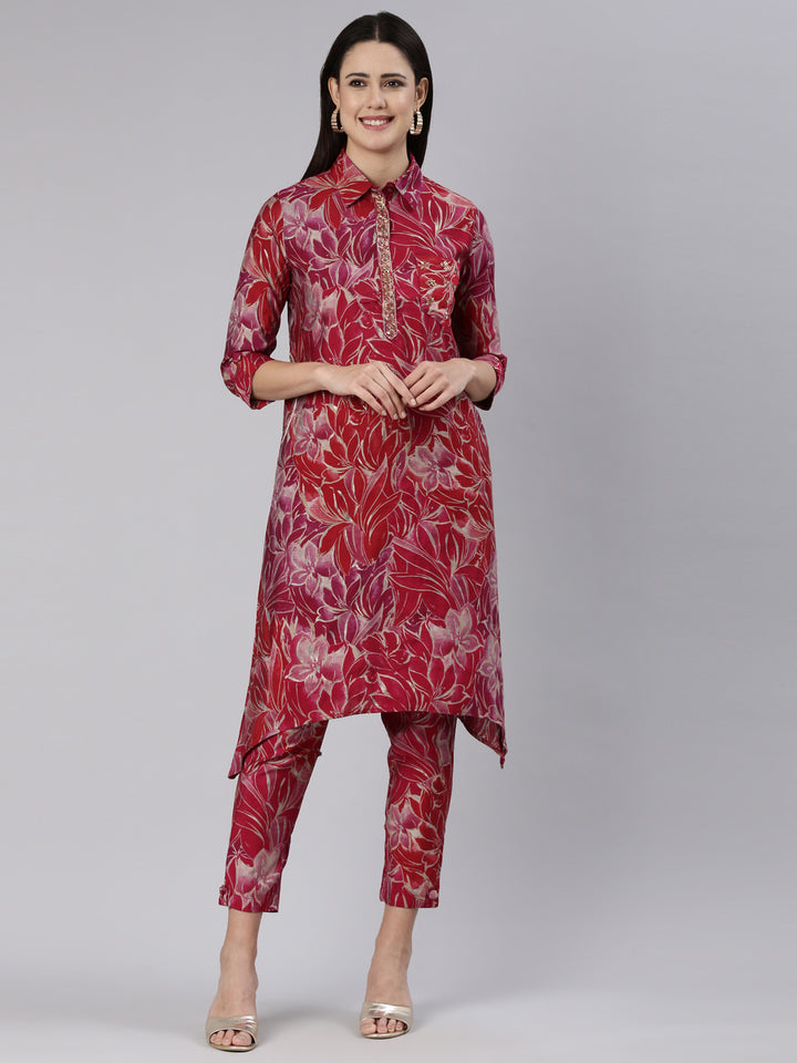 Neerus Red printed straight kurta set with trouser - front view