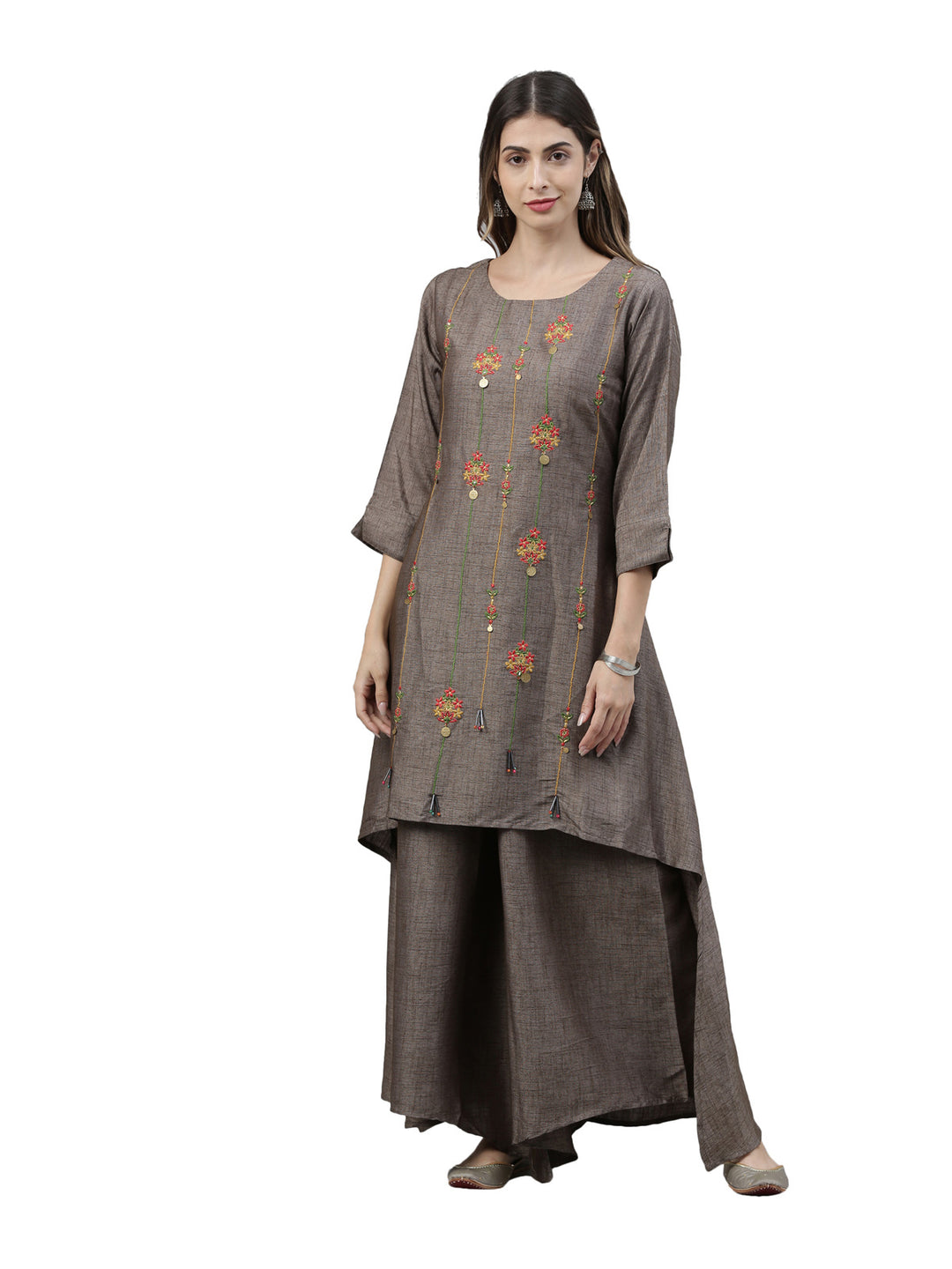 Neerus Grey embroidered suit set kurta palazzo dupatta - front view