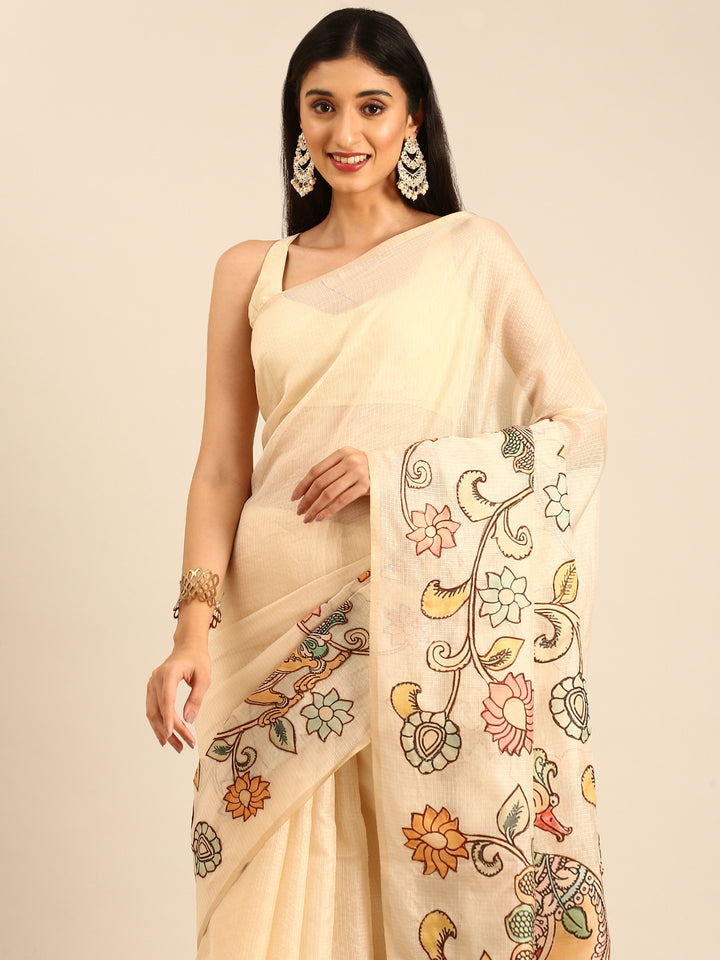 Cream Kota Saree With Kalamkari Appliqué Work On Pallu