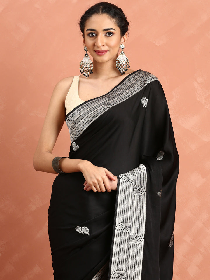 Black Banaras Silk Saree With Silver Zari Motifs & Border