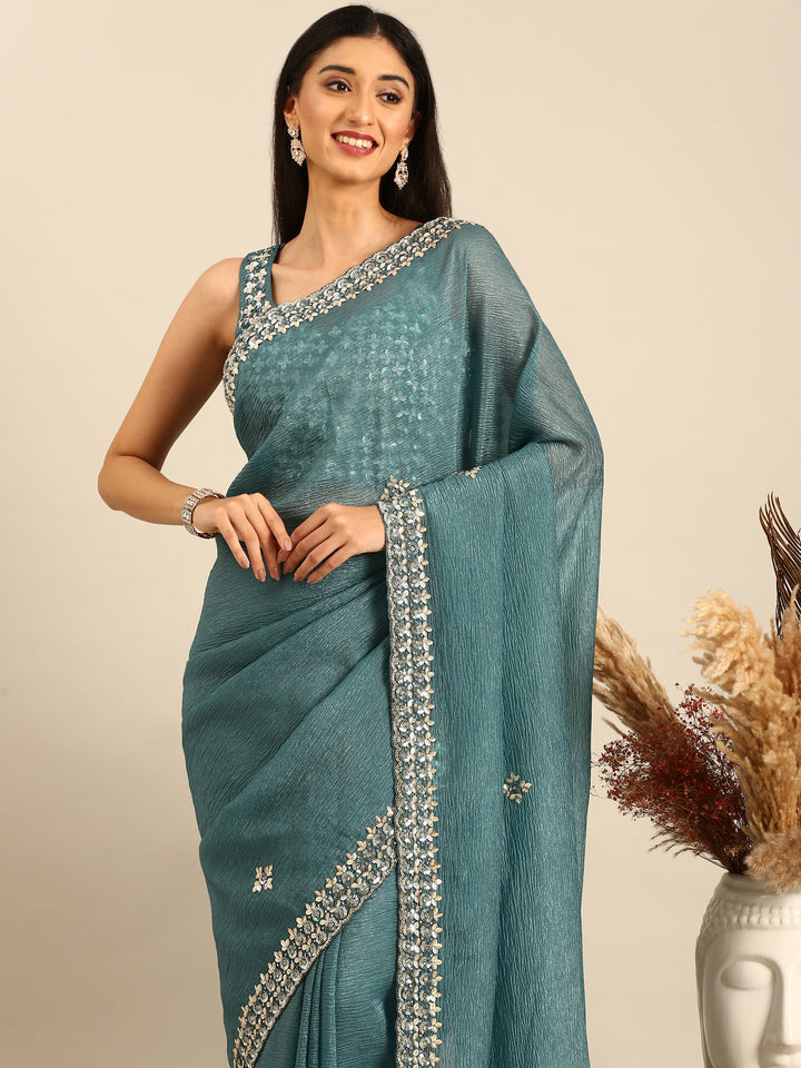 Green Jimmy crushed tissue saree with pearls & sequins embroidery with heavy ready made blouse