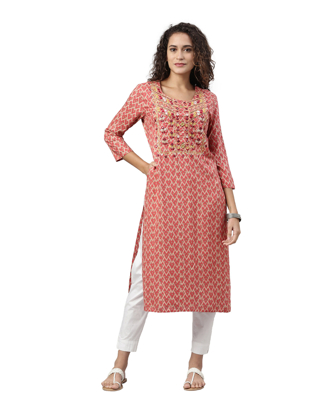 Neerus Women Red Quirky Printed Mirror Work Kurta