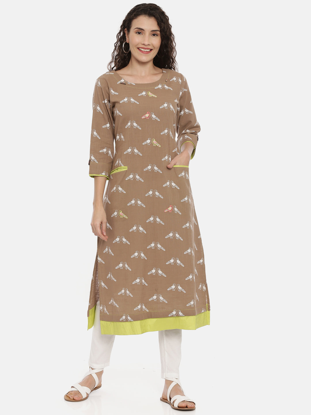 Neerus Brown printed straight kurta - front view