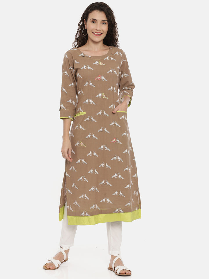 Neerus Brown printed straight kurta - front view