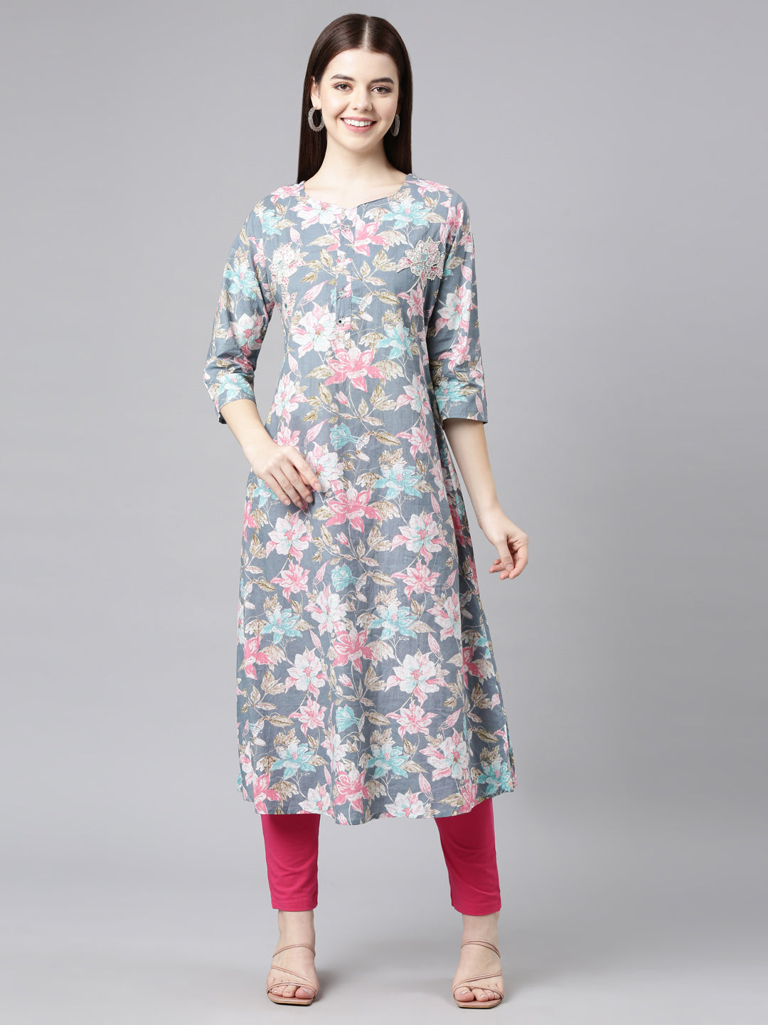 Neerus Grey printed floral straight kurta - front view