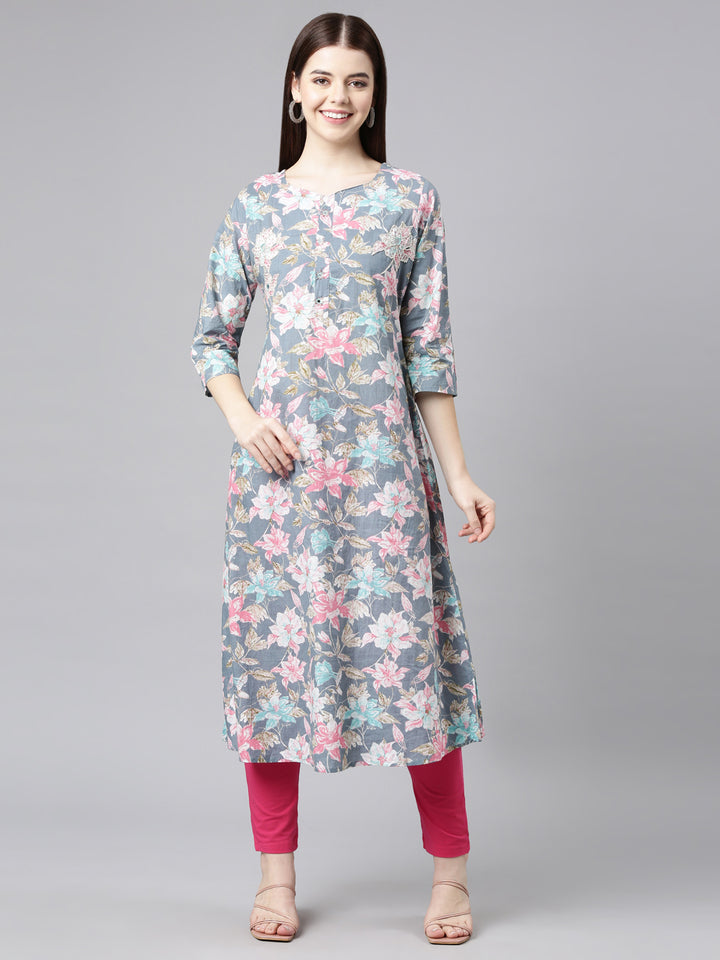Neerus Grey printed floral straight kurta - front view