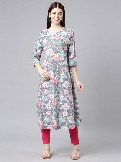 Neerus Grey Straight Casual Floral Straight Kurtas