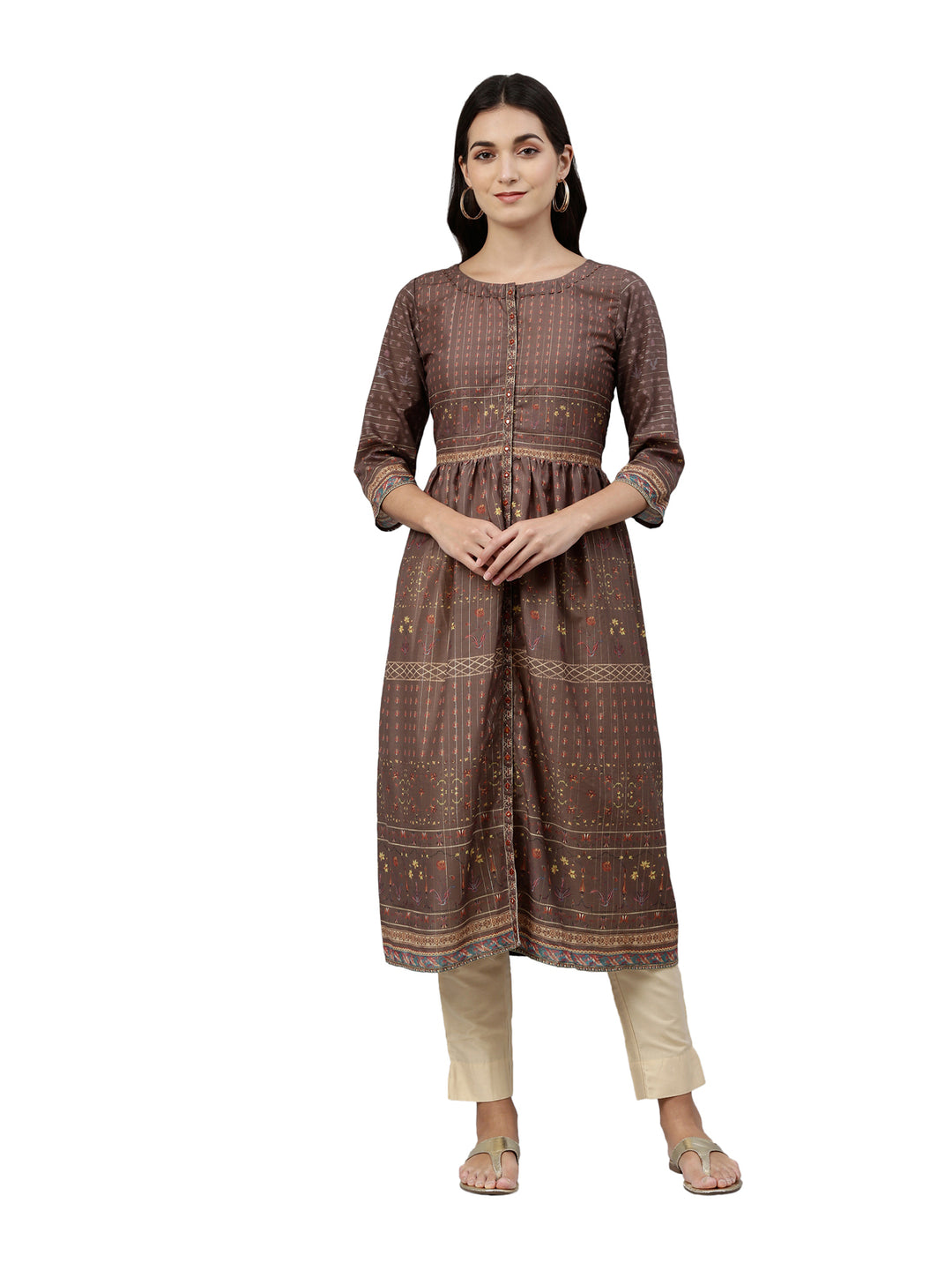 Neerus Brown printed anarkali kurta ethnic motifs - front view