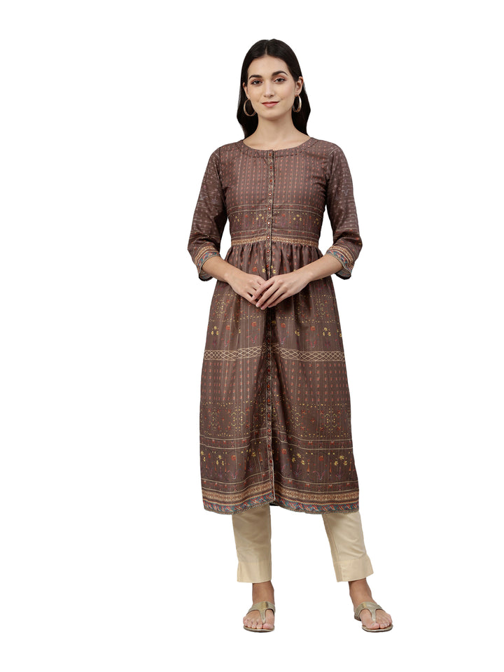 Neerus Brown printed anarkali kurta ethnic motifs - front view