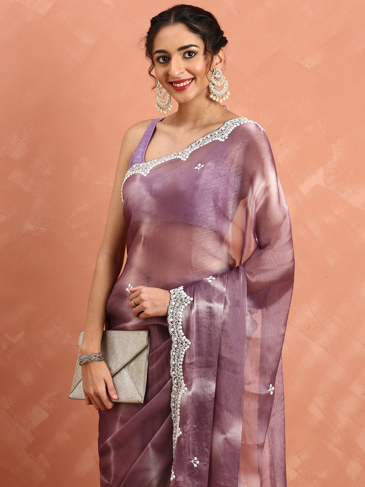 Onion pink Jimmy organza tie dye hand embroidery saree