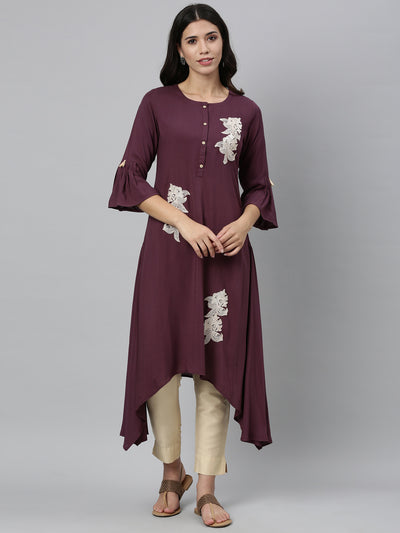 Neerus Women Purple Embroidered Bell Sleeves Thread Work Kurta