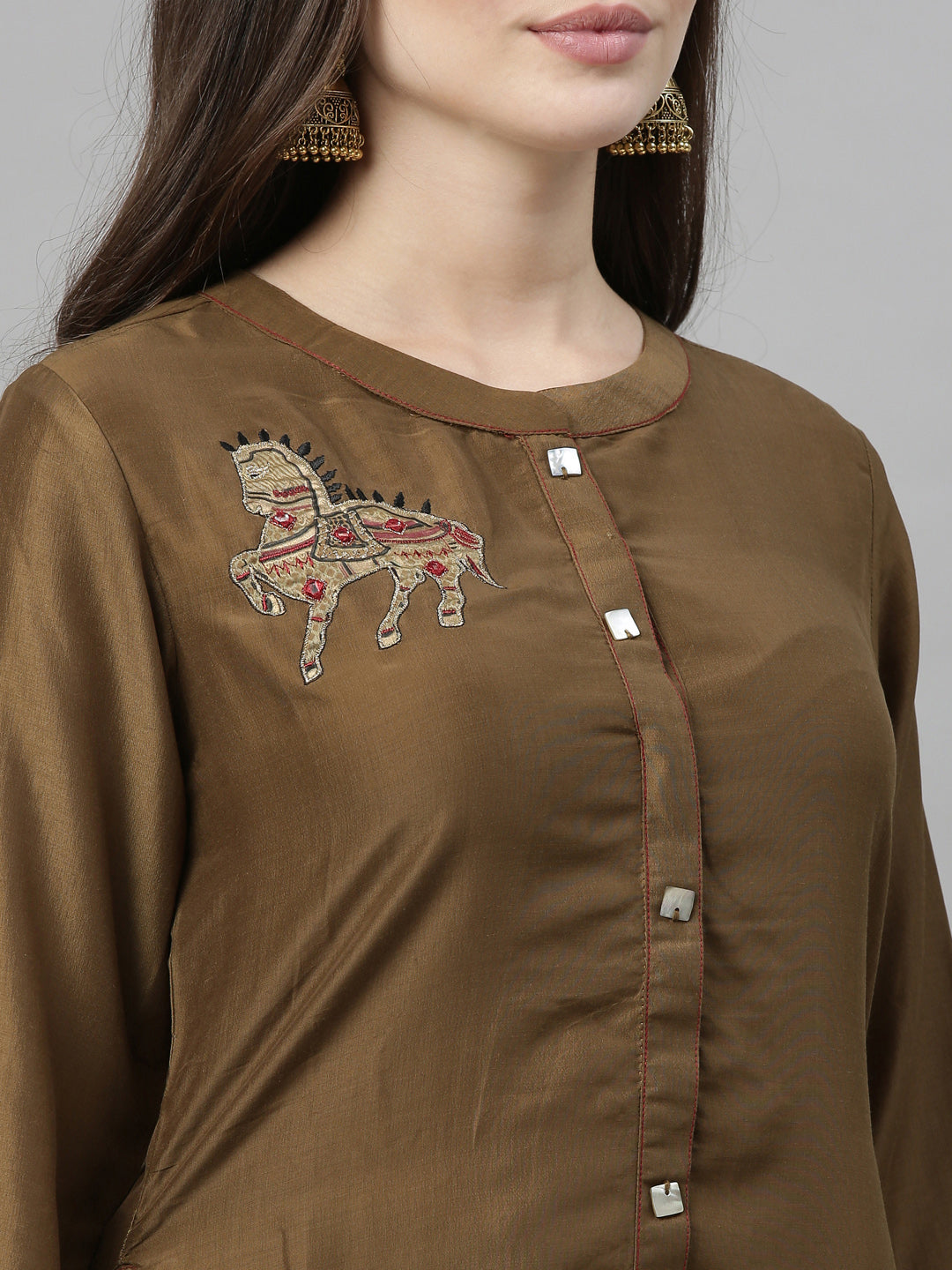Neerus Women Olive Green Embroidered Kurta with Dhoti Pants