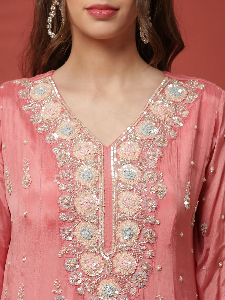 Pink Chinon Fabric Shoulder Long Kali Suit With Sequins Work