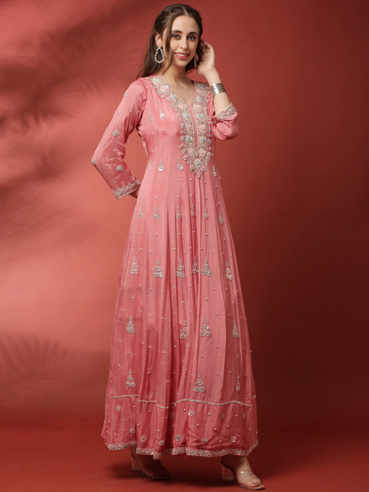 Pink Chinon Fabric Shoulder Long Kali Suit With Sequins Work