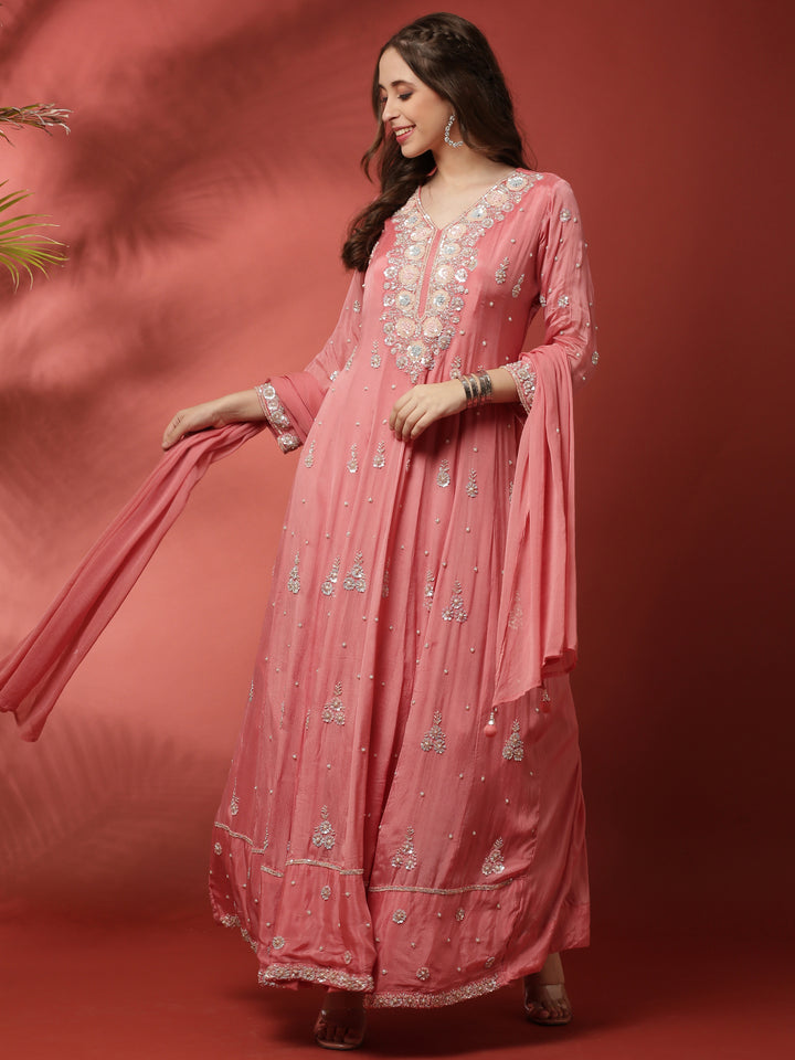 Pink Chinon Fabric Shoulder Long Kali Suit With Sequins Work