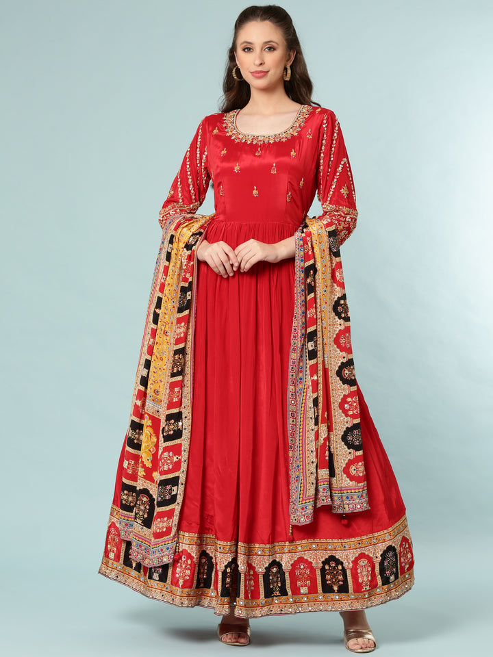 Red Tissue Anarkali Set