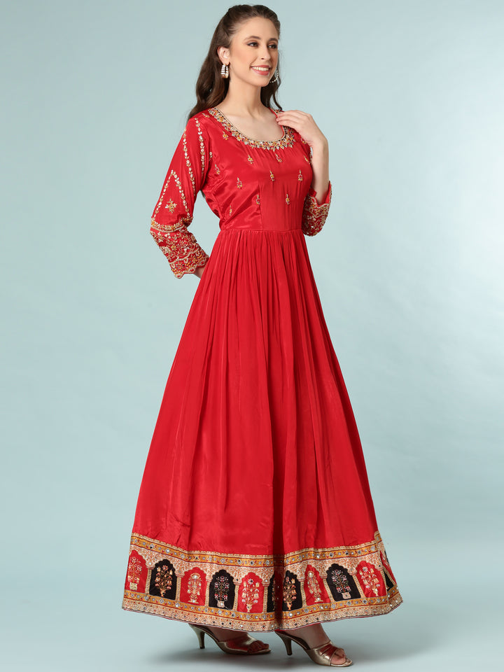 Red Tissue Anarkali Set